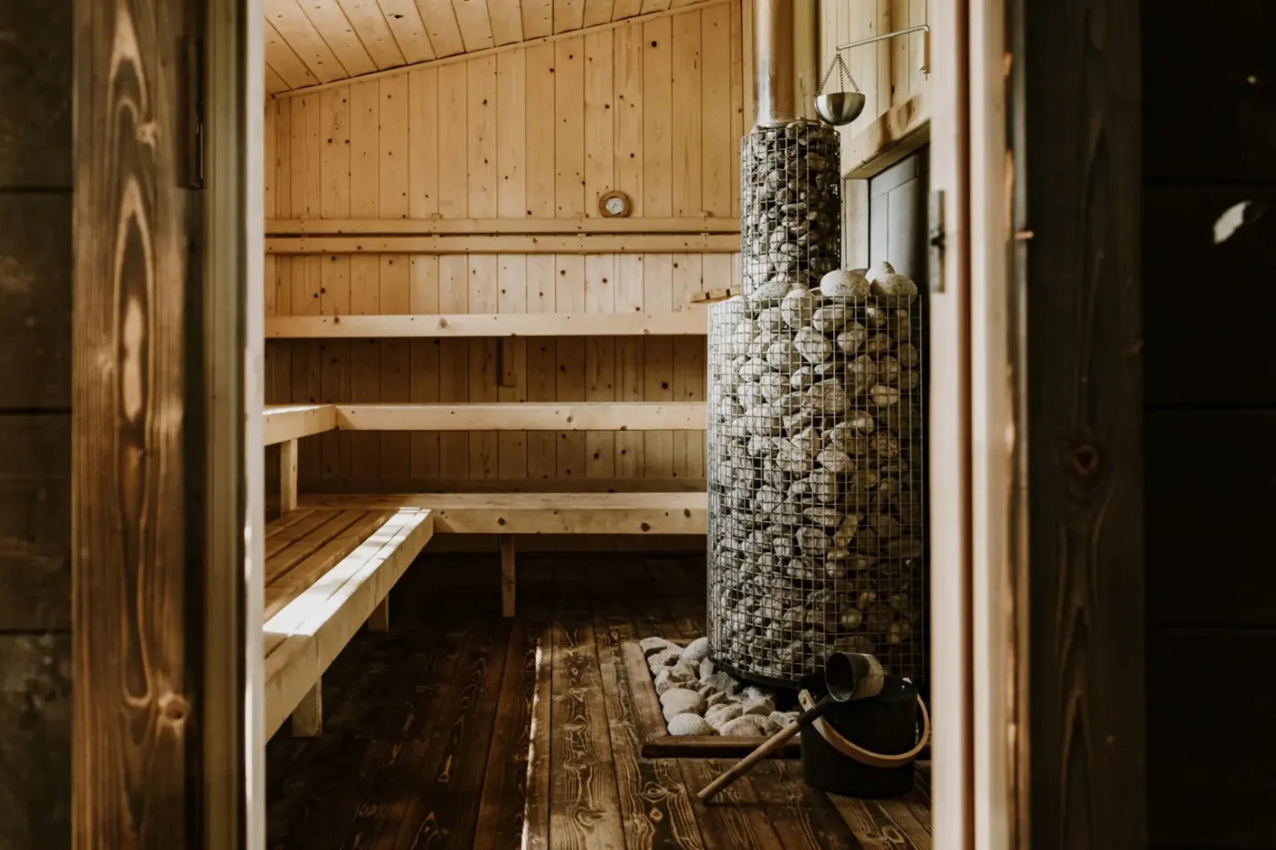 Custom hand-built sauna construction at Mad Yolk Farm
