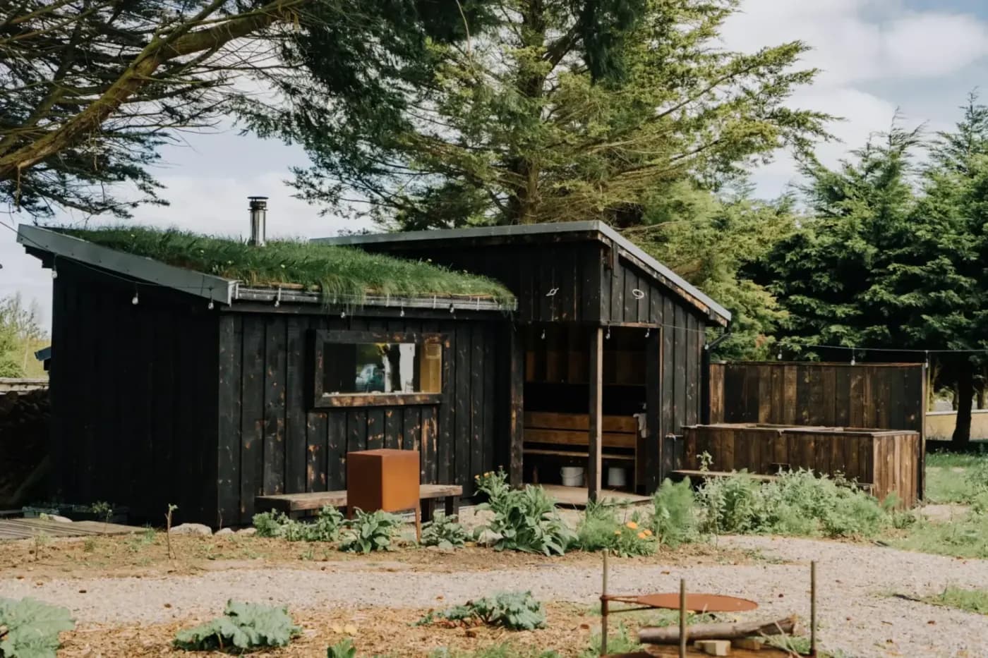 Custom hand-built sauna construction at Mad Yolk Farm
