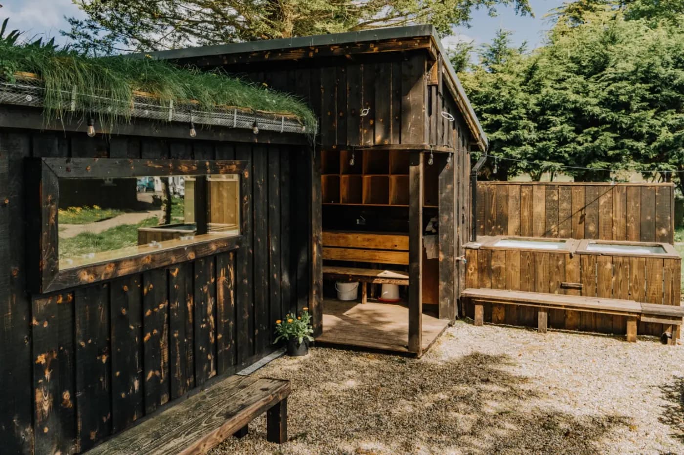 Custom hand-built sauna construction at Mad Yolk Farm